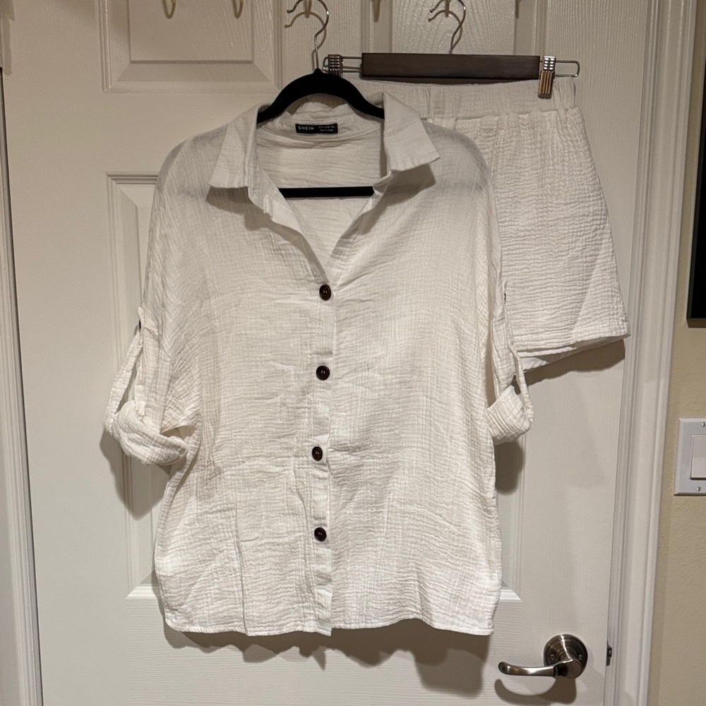 White Button-Up Shirt and Shorts Set